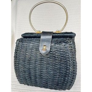 VINTAGE 1950s MR. JONAS WOVEN WICKER | RATTAN HANDBAG | PURSE | BASKET | BLACK